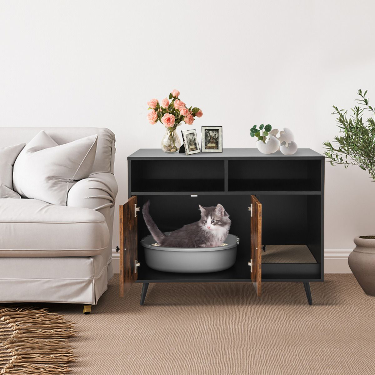 Meuble pour litière Coast avec arbre à chat - meuble de rangement avec dispositif anti-basculement - noir et marron - 90 x 50 x 70 cm