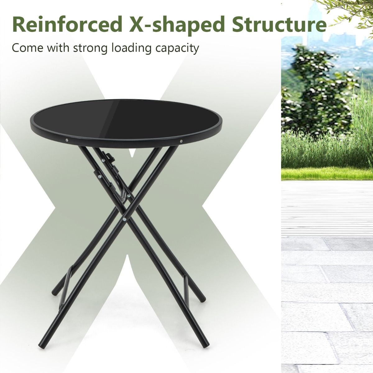 Coast Round Foldable Bistro Table 59x67 cm Black - Table de terrasse et de cocktail en verre trempé et structure métallique
