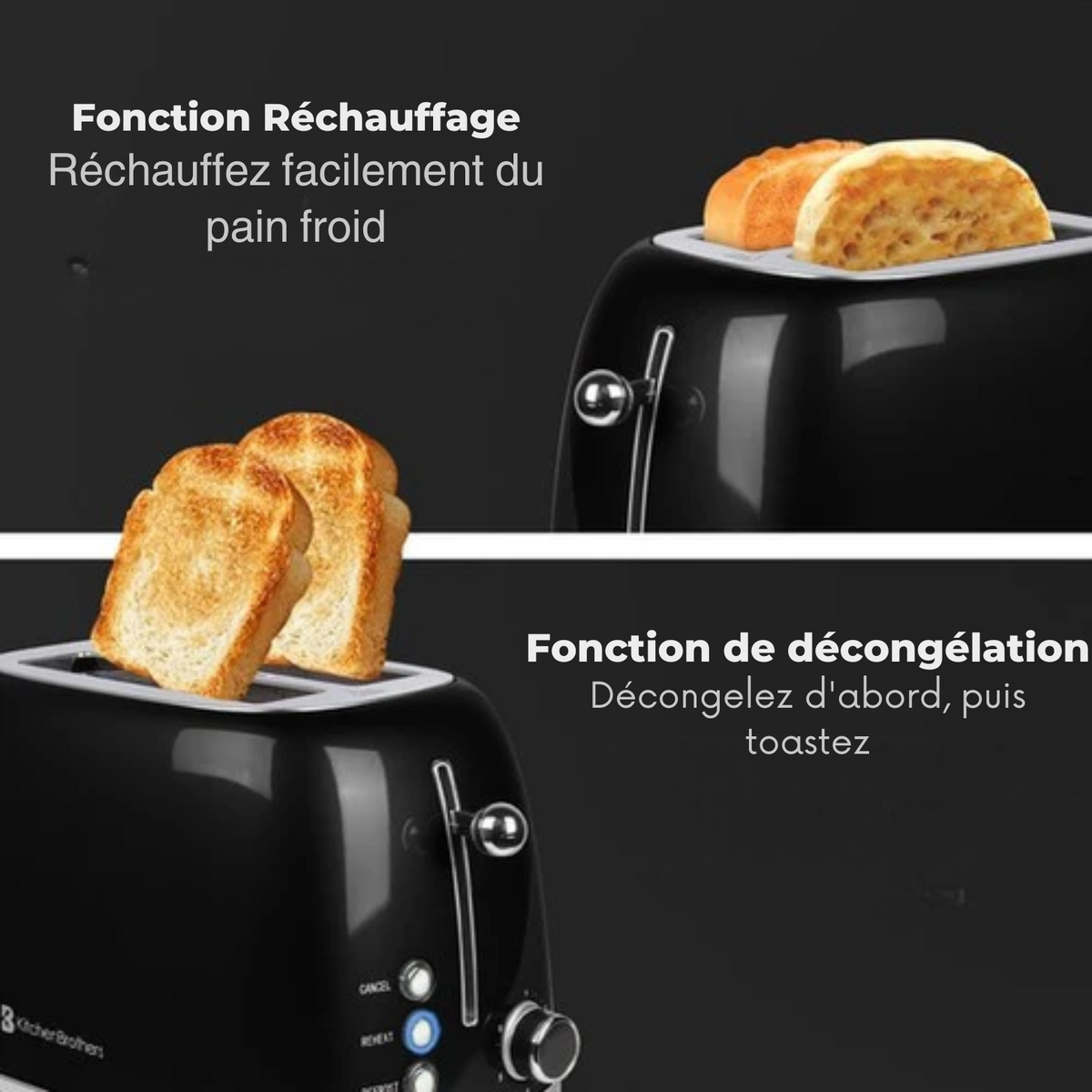 Grille-pain rétro - KitchenBrothers - 6 niveaux de chaleur - 2 fentes extra-larges - 1630W - réchauffe et décongèle - Noir