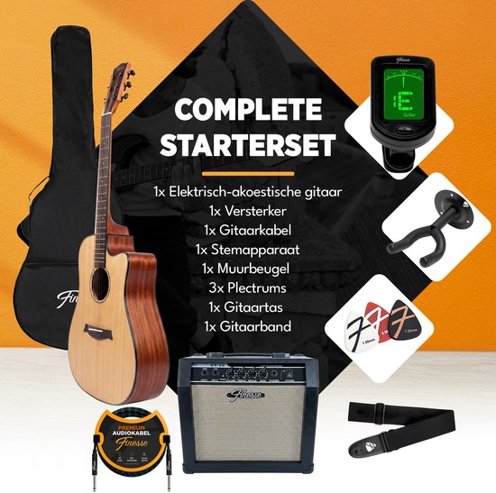 Guitare électro-acoustique Finesse avec amplificateur - avec cours vidéo - 4/4 41 pouces - Accessoires - Adultes - Enfants