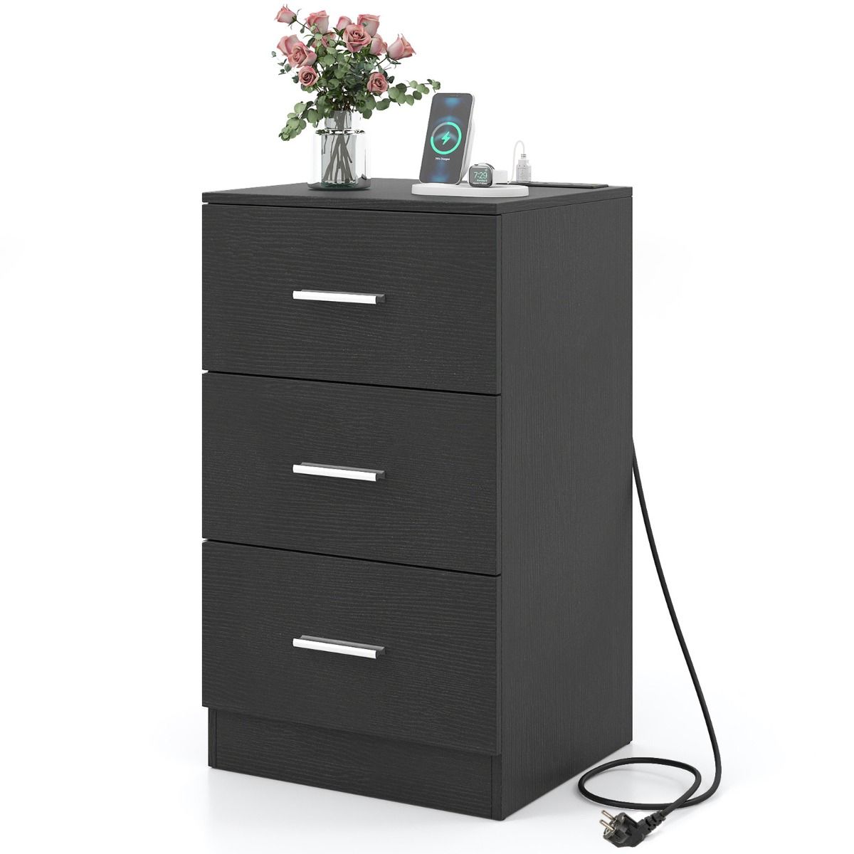Table de chevet Coast avec station de recharge - 3 tiroirs - Finition bois - Blanc/Noir - 38 x 35 x 66 cm