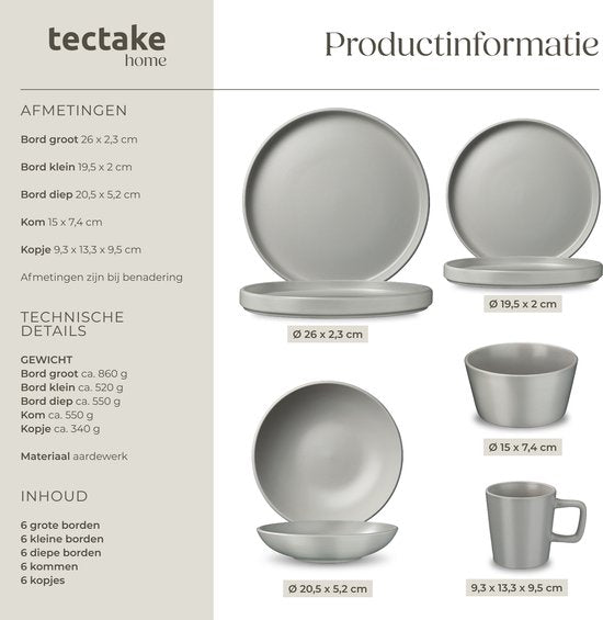 tectake® Service de table Una - 30 pièces - Grès - 6 couverts - Service de table élégant et durable - Ensemble comprenant des grandes et petites assiettes, des bols, des coupelles - Tasses - Gris