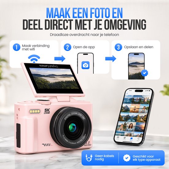 Appareil photo numérique Strex 5K 75 MP - Appareil photo - Appareil photo compact avec Wi-Fi - Appareil photo pour vlog - Appareil photo pour enfants - Zoom 18x - Écran orientable - Rose