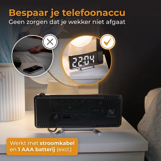 Réveil numérique Nuvance avec projection - Horloge numérique pour chambre à coucher - Fonction snooze - Réveils numériques - Réveil