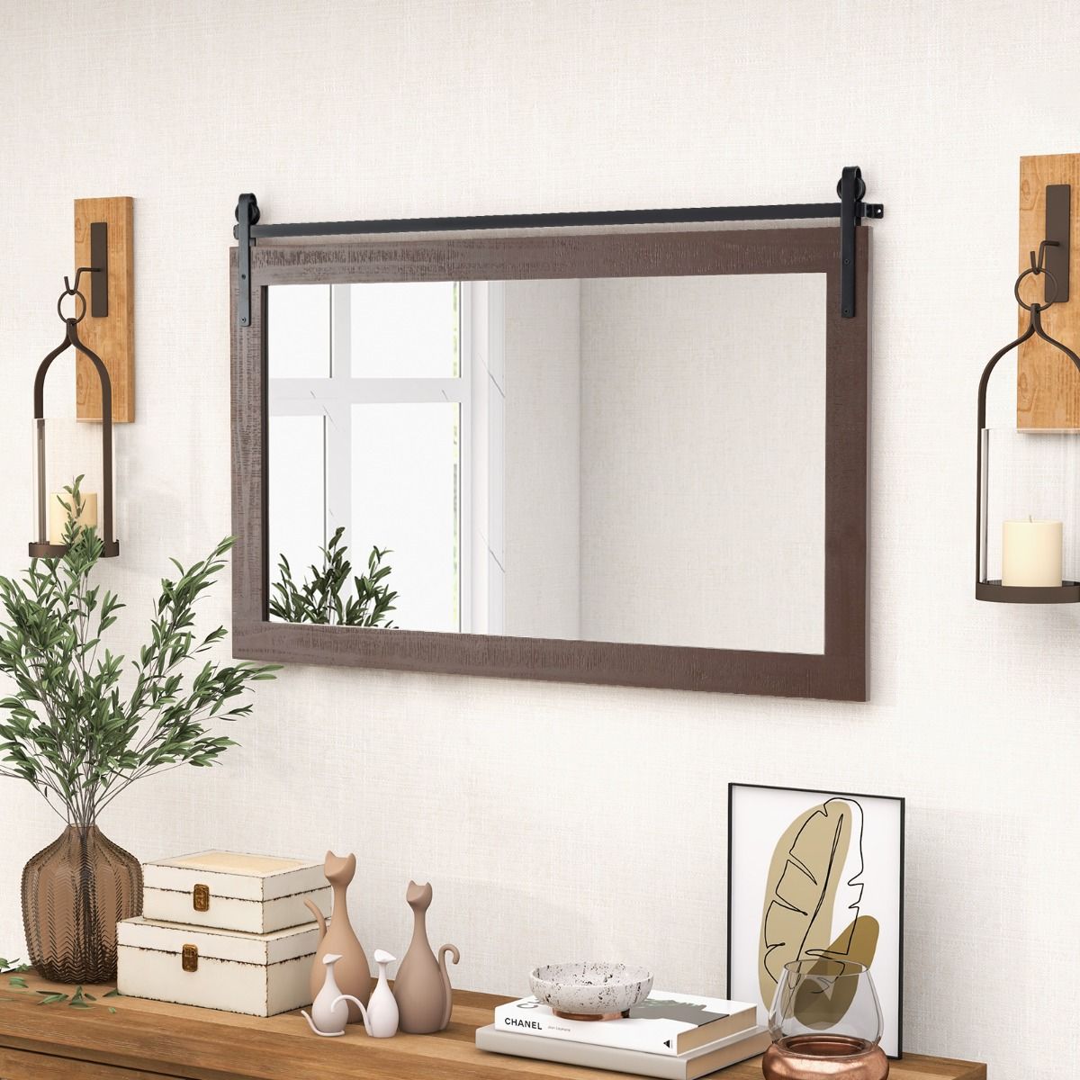 Miroir mural Coast - cadre rectangulaire en bois massif - verre incassable - marron foncé 100 x 66 cm