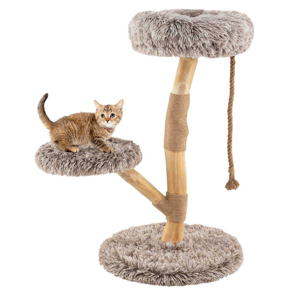 Arbre à chat Coast - 3 étages - bois de poirier et jute - gris clair et beige - 90 cm