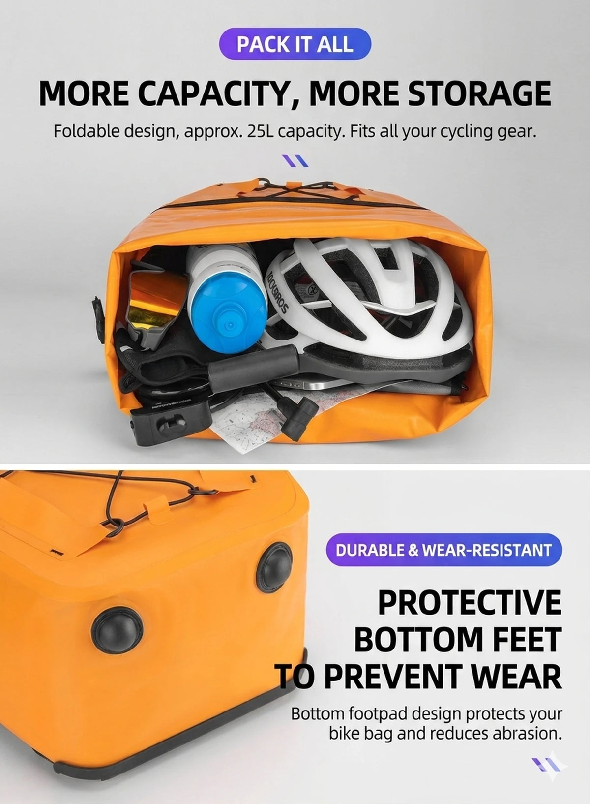 Sac de vélo étanche ROCKBROS pour porte-bagages - 25–32 L - Noir - Extensible - Pour vélo électrique et VTT