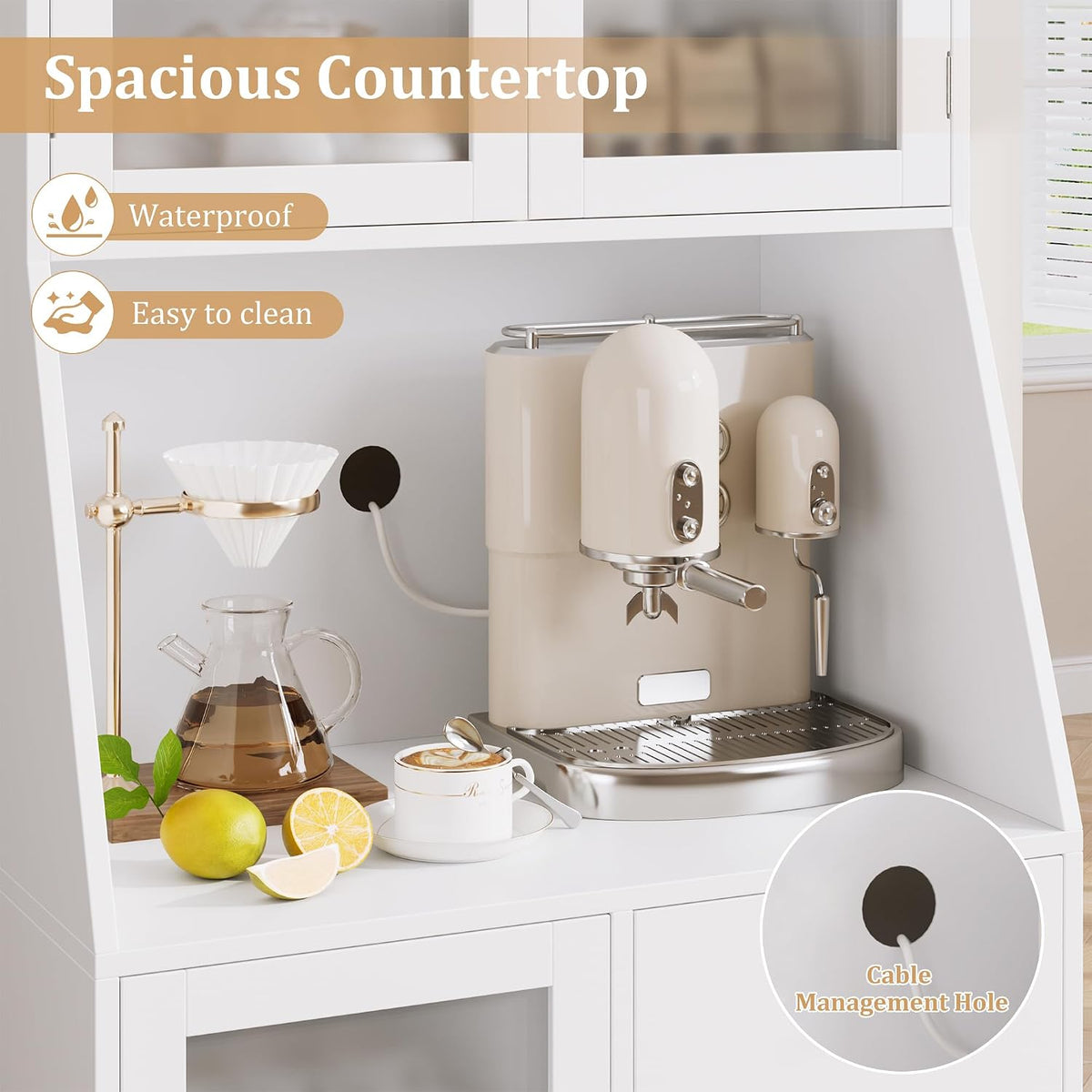 Armoire de cuisine haute avec plan de travail - 4 tiroirs et 3 portes vitrées - 60 cm de large - Blanc