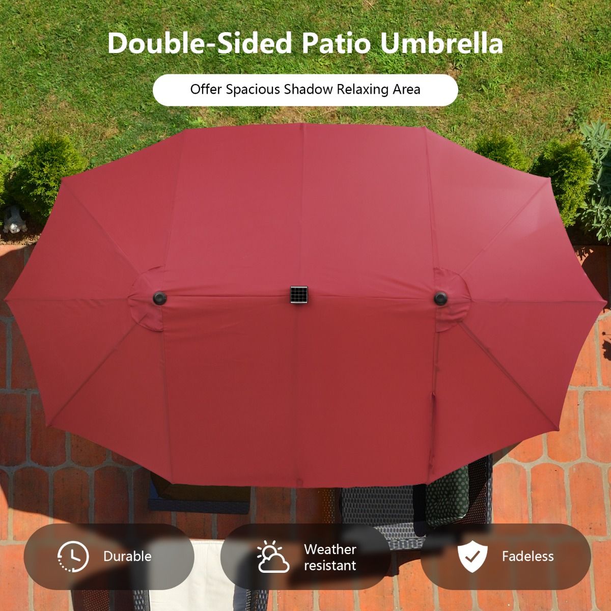 Parasol double Coast - Éclairage à 48 LED à énergie solaire - manivelle - rouge vin 470 x 280 cm