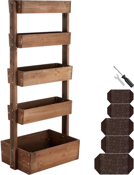 tectake® Vertical Garden Flora - Avec 5 jardinières pour fleurs, herbes ou légumes - Marron - 81 x 52 x 180 cm - Jardinière pour potager - Bacs à fleurs basculants en pin laqué - Tissu molletonné/toile de protection des racines inclus - Résistant aux inte
