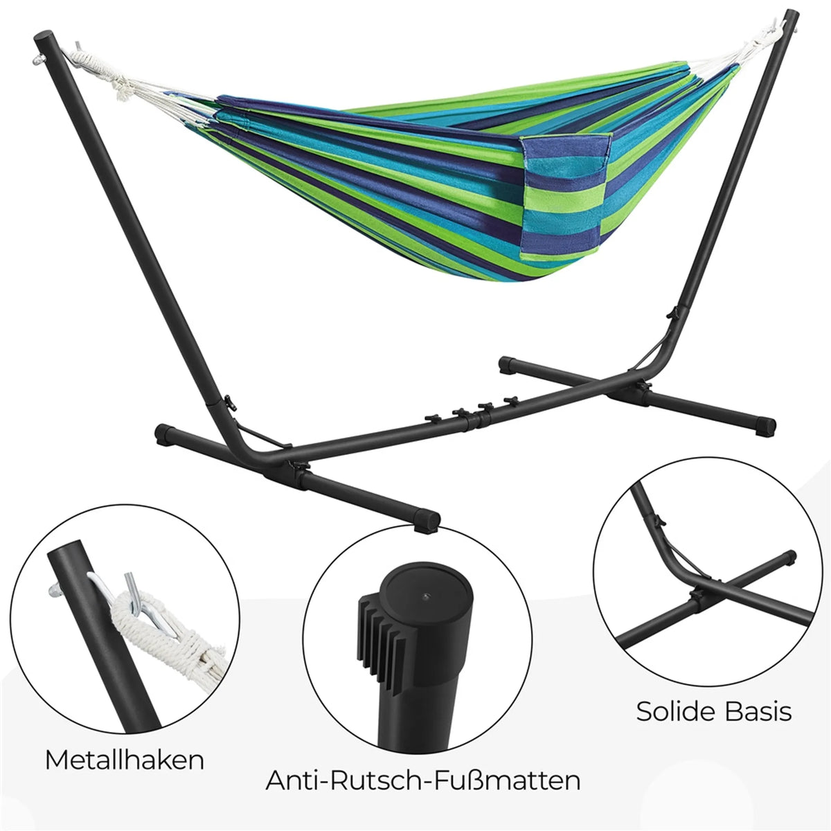 Hamac de camping Yaheetech avec armature en acier – 294/304/314 cm – Rayures bleu-vert – Capacité de charge de 205 kg