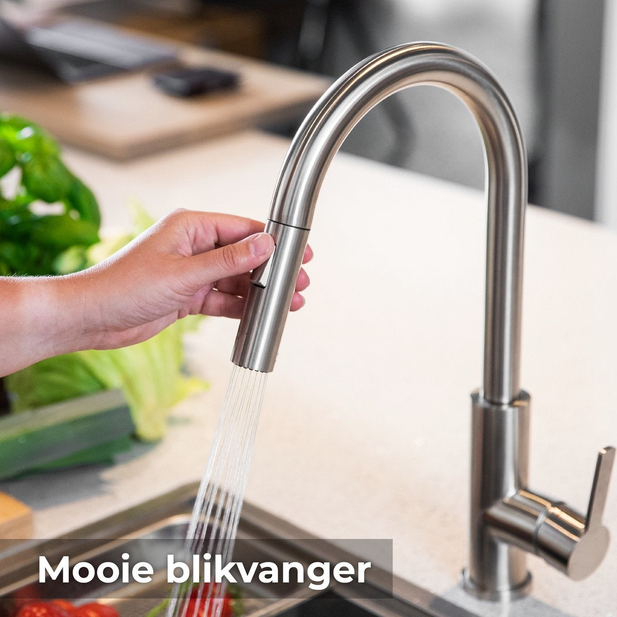 Mizzo Trigo Hoge Keukenkraan met Uittrekbare Uitloop - Semi-professionele Keukenkraan met Sproeikop - Hoge Mengkraan 44cm hoog met Douchefunctie - Ideaal voor keukeneiland - Mat RVS