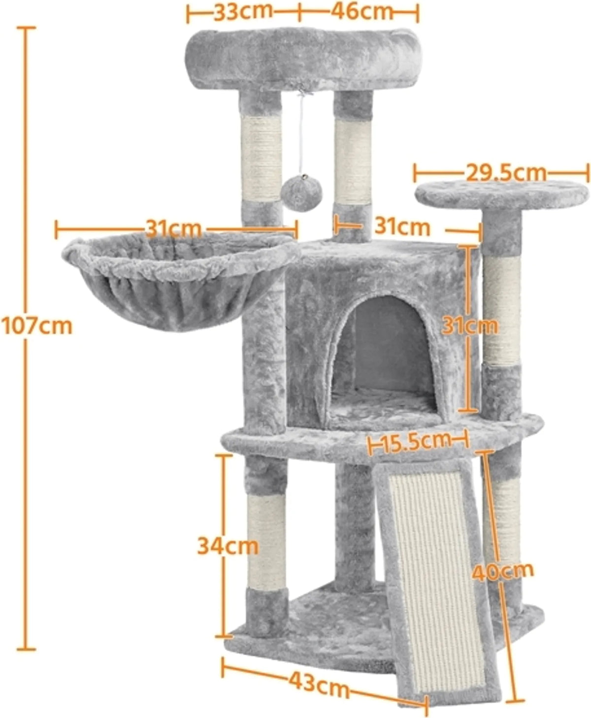 Yaheetech Cat Post With 5 Sisal Poles - Equipped With Padded Viewing Platform And Hammock And Cat Burrow - For 2 To 3 Small And Medium Cats - Light Grey Plush And Metal - 43,5 x 43,5 x 106 cm