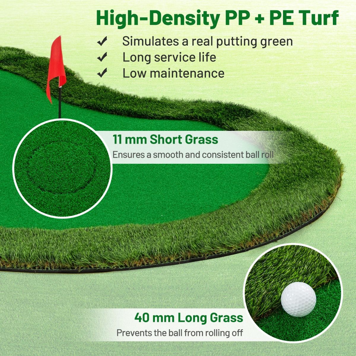 Tapis de putting Coast Golf - 3 trous - balles de golf et drapeaux inclus - 300 x 150 cm - vert