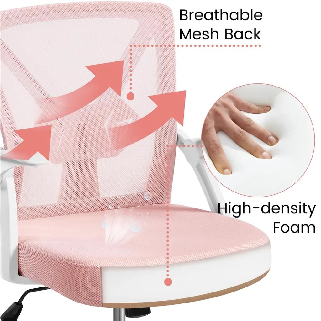 Chaise de bureau ergonomique Yaheetech réglable 59 x 57,5 x 90-100 cm - Rose - Chaise de bureau en maille avec accoudoirs rabattables et soutien lombaire