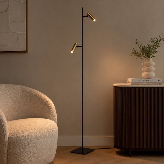 Lampe sur pied Lumo 4608BR - Lampe de lecture moderne à deux lumières en métal avec des touches de bronze, hauteur 125 cm, orientable et inclinable, marque Mexlite