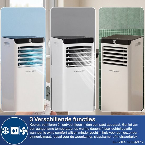 Climatiseur mobile Eriksson - 10 000 BTU - Kit d'étanchéité pour fenêtre inclus - Jusqu'à 30 m² - 4-en-1 - Climatisation - Ventilateur - Déshumidificateur - Blanc