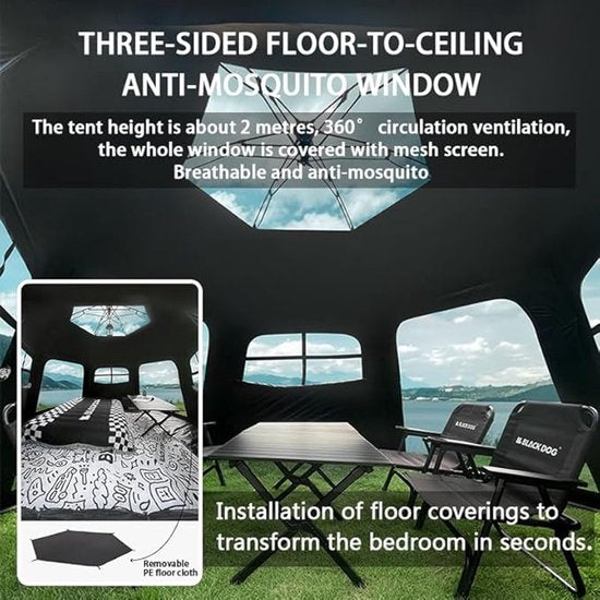 Tente Black Dog Dome - Tente de camping haut de gamme pour 6 à 8 personnes - Hexagonale à montage automatique - Tente familiale portable - Vinyle pliable - Protection contre le soleil et la pluie - Noire