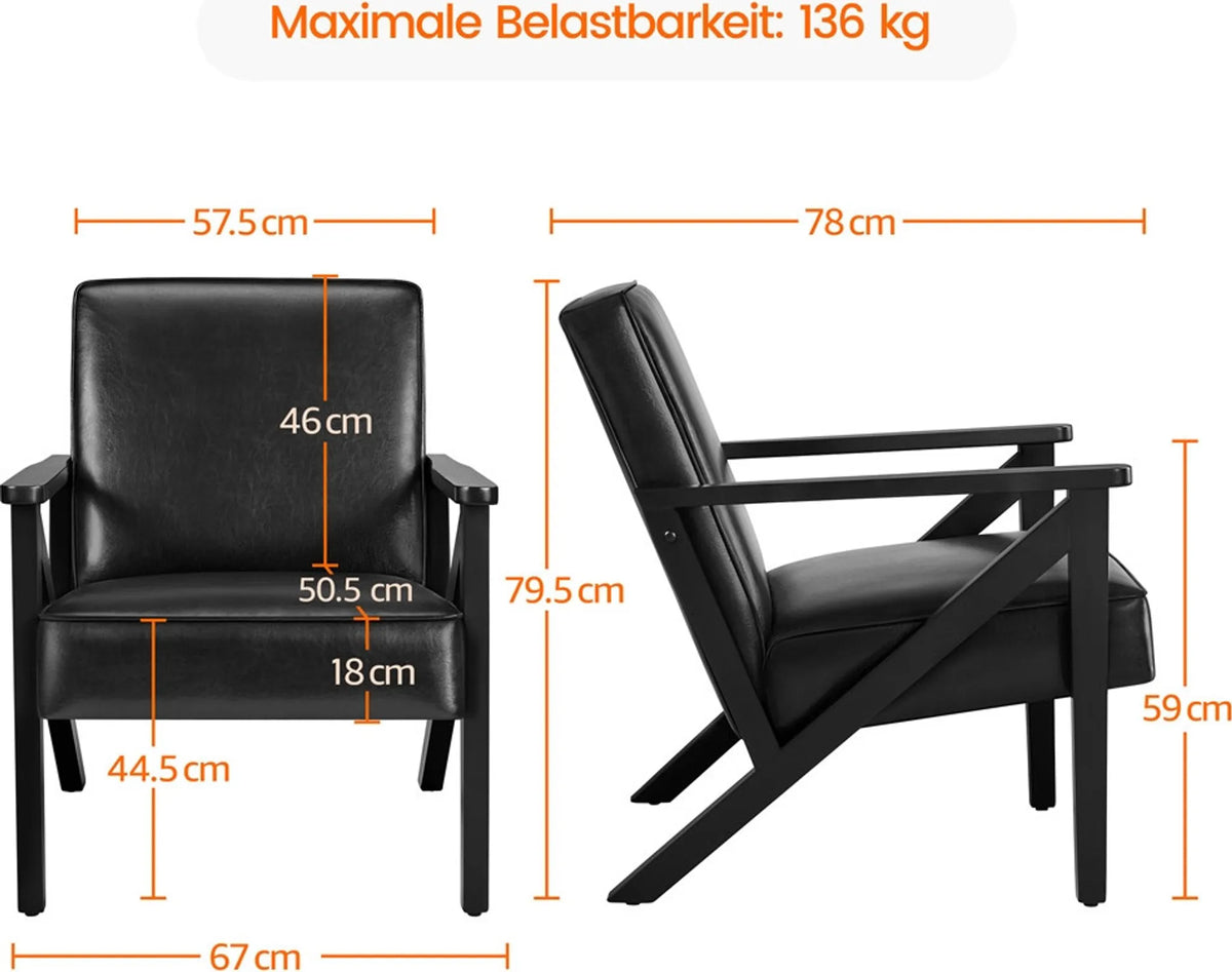 Fauteuil de salon vintage Yaheetech / Fauteuil à pieds en Z 78 x 67 x 79,5 cm – Noir mat – Simili cuir PU et bois de caoutchouc
