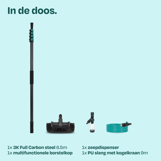 Brosse de lavage télescopique VONROC PRO 3K entièrement en carbone – 6,5 m - Avec tête de brosse à 5 pans, tuyau d'arrosage de 9 m et distributeur de savon