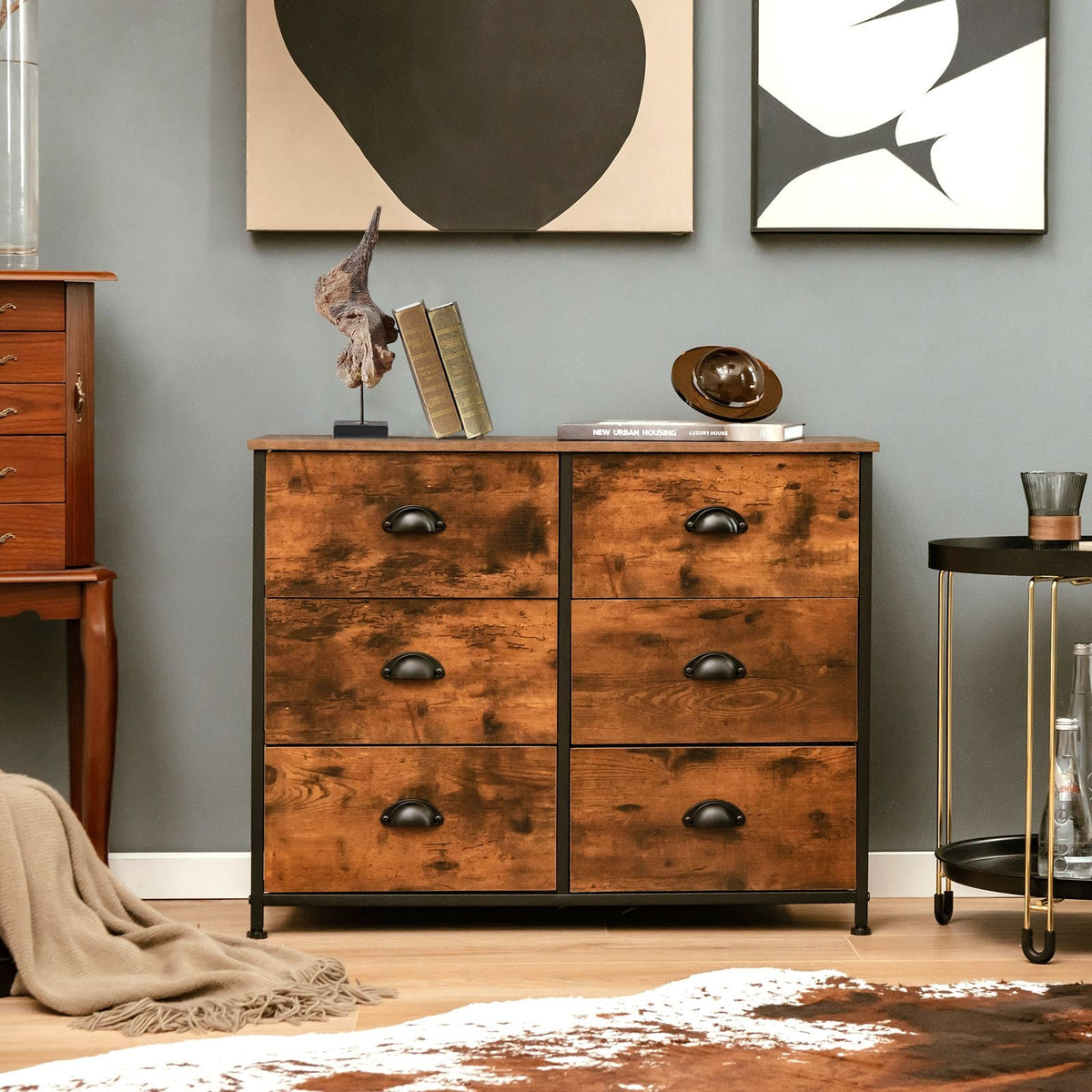 Commode Coast - avec 6 tiroirs - bois - 3 niveaux - brun rustique