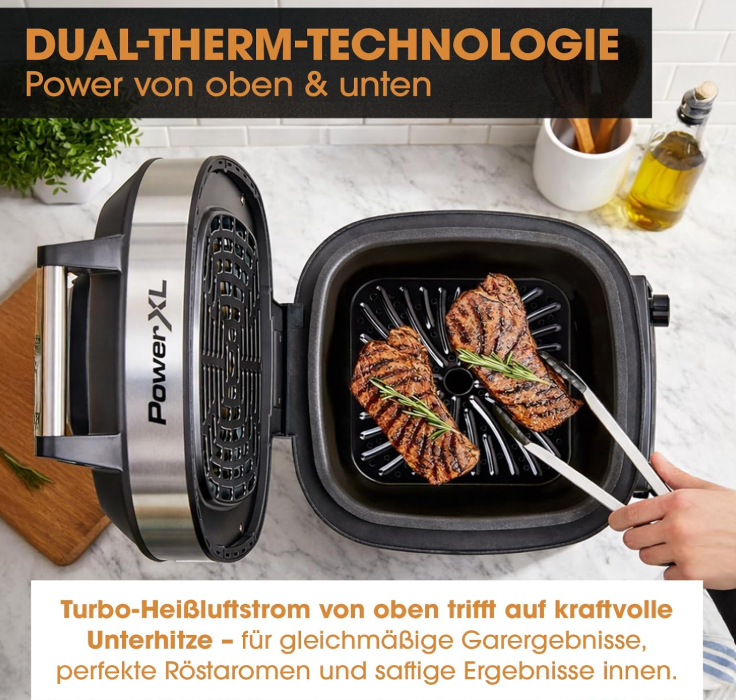 PowerXL Multi-cuiseur 12-en-1 sans plaque de cuisson - 5,7 L - 1 200 W - Argent/Noir - Friteuse à air chaud et mijoteuse
