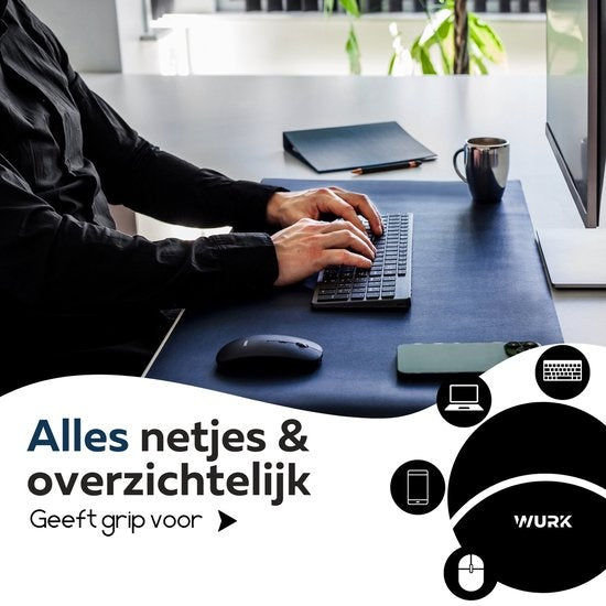 WURK Tapis de bureau professionnel en cuir synthétique - Organisateur de bureau - Accessoires de bureau - Tapis de souris XXL- Inclut un clip de câble - 90x45 - Bleu