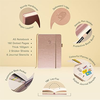 Ottergami Set de 2 Bullet Journal avec points, carnet A5 + autocollant de scrapbooking