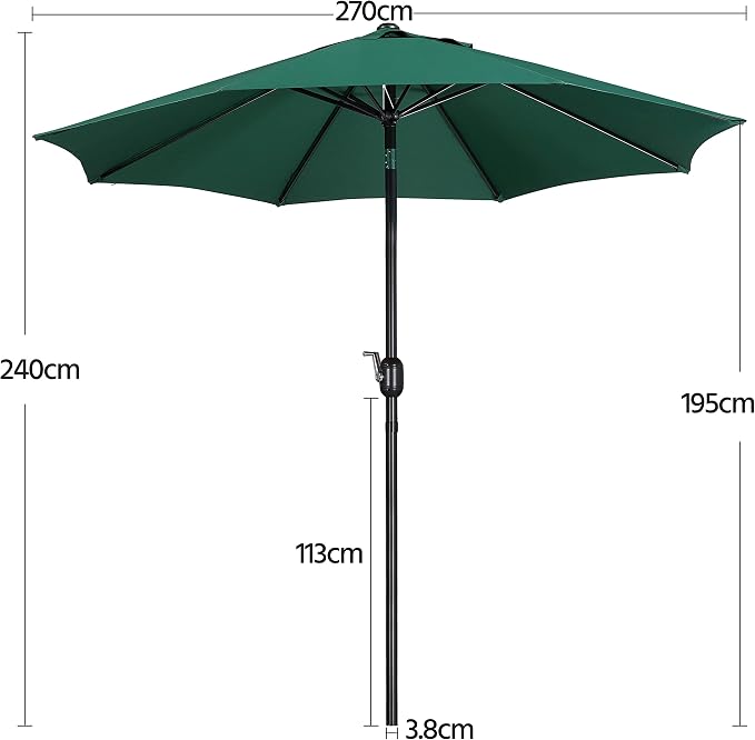 Parasol Yaheetech - Ø 270 cm - Inclinable - Avec manivelle - Vert foncé