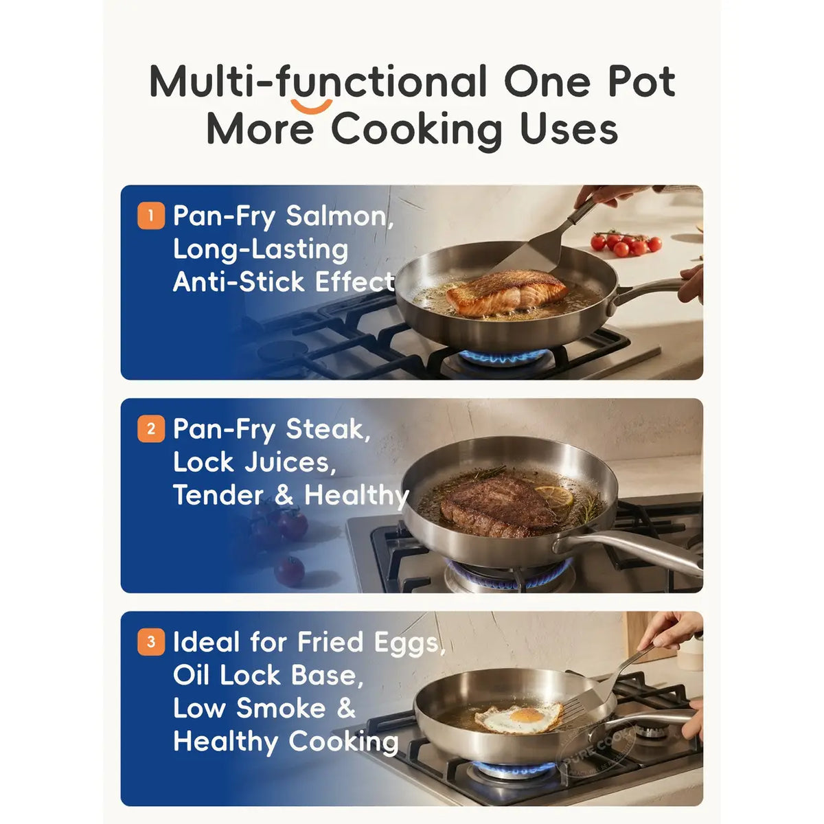 Poêle PURE COOK 304 en acier inoxydable à trois couches - 20 cm - compatible induction - sans couvercle