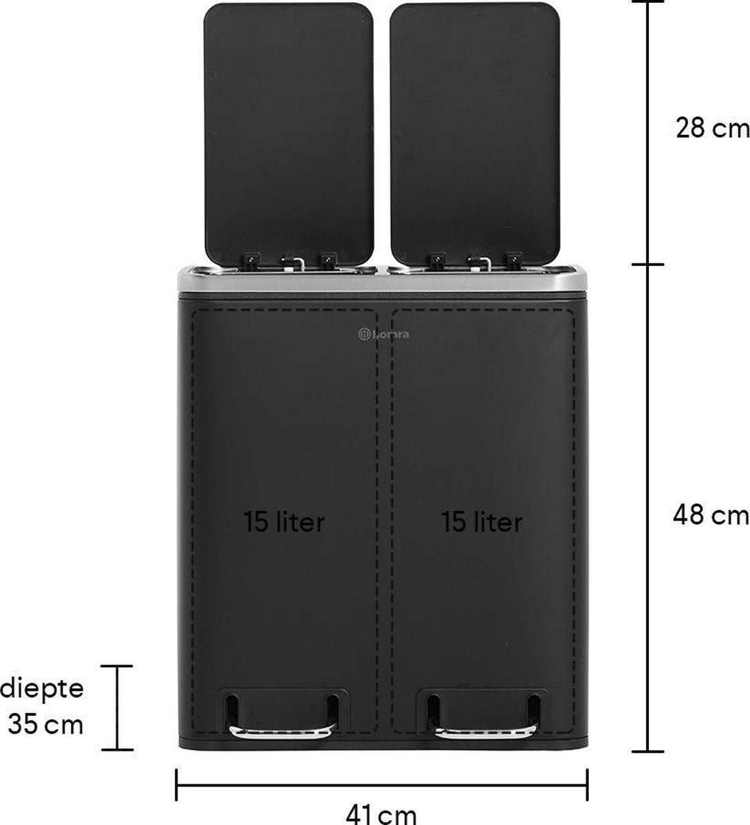 Poubelle de tri 2 compartiments - Homra -capacité : 2 x 15 L - Noir