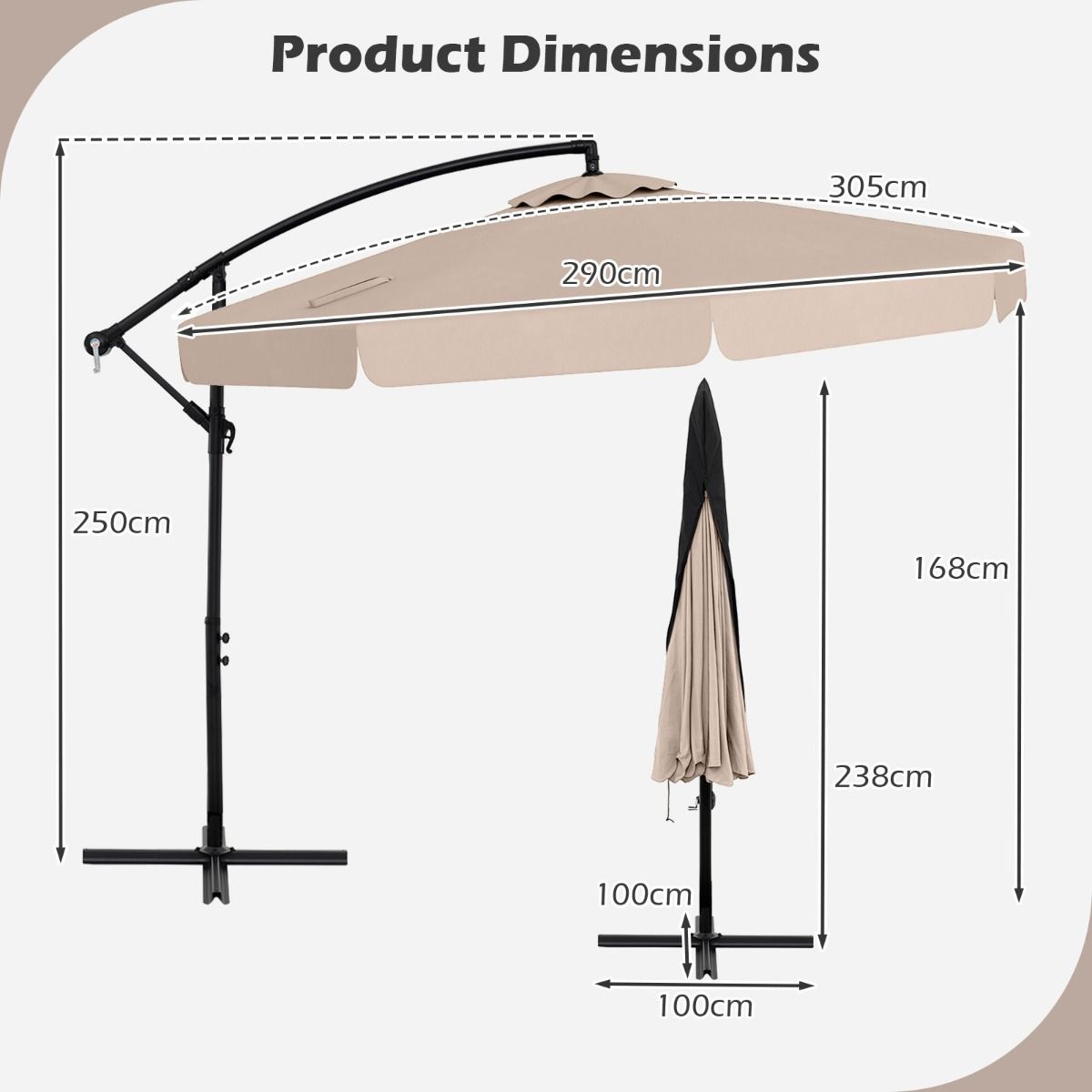 Parasol suspendu Coast - 305 cm de diamètre - Réglable en hauteur - Housse de protection incluse - Beige