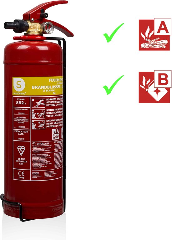 Smartwares 10.014.97 Extincteur - 2 litres - Mousse - Avec support de suspension - Classe de feu AB - Certifié BSI