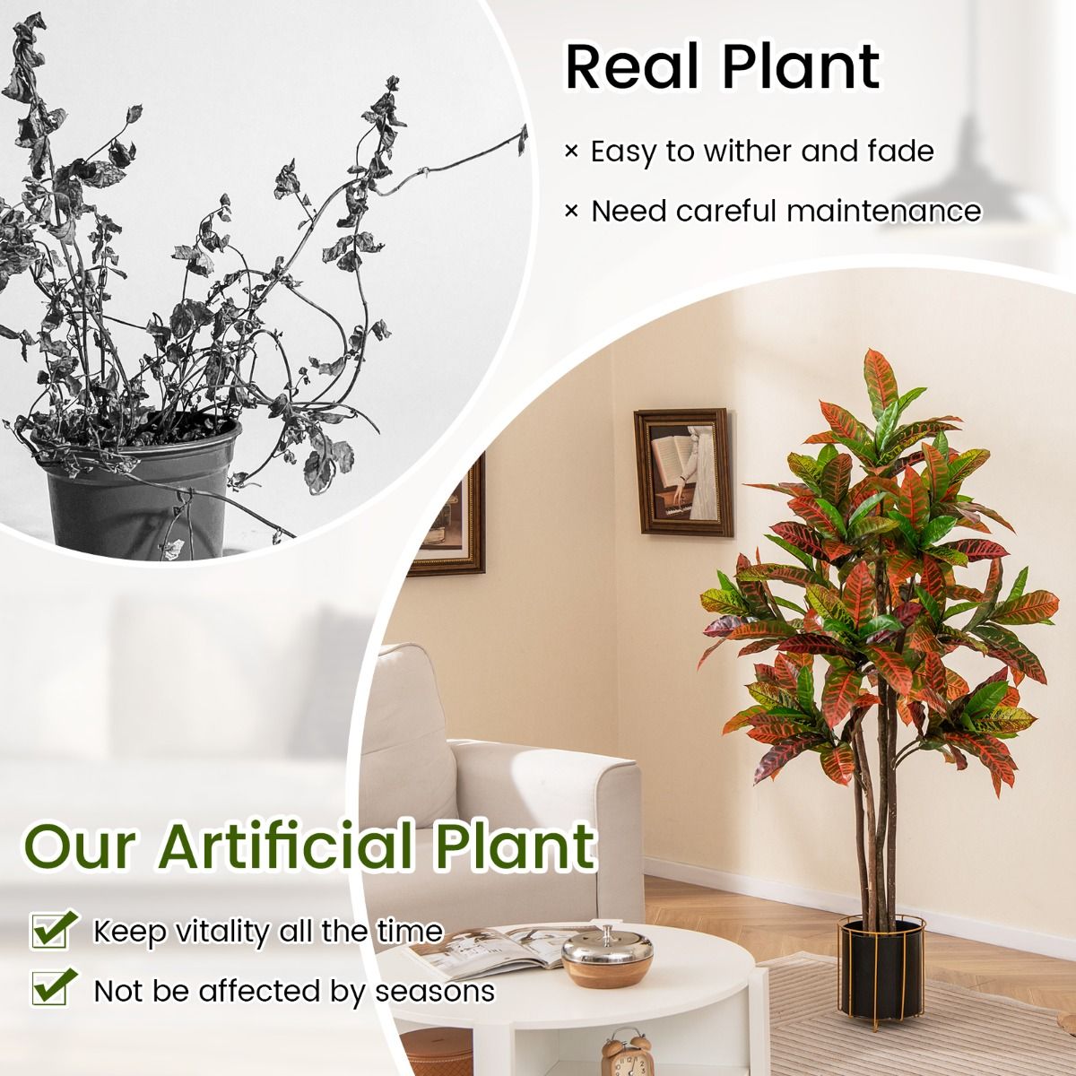 Plante artificielle Coast « Croton Palm » - tronc en bois véritable - feuilles colorées - 150 cm