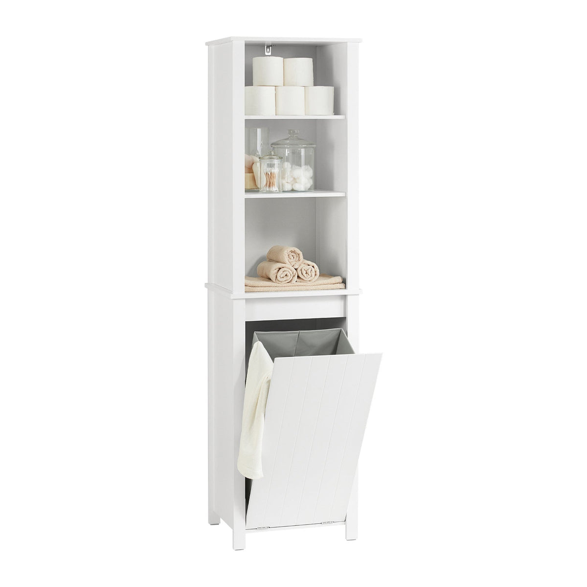 Meuble colonne de salle de bain, SoBuy, Meuble haut, 3 étagères, 1 panier à linge basculant, 45 x 35 x 171 cm, Blanc