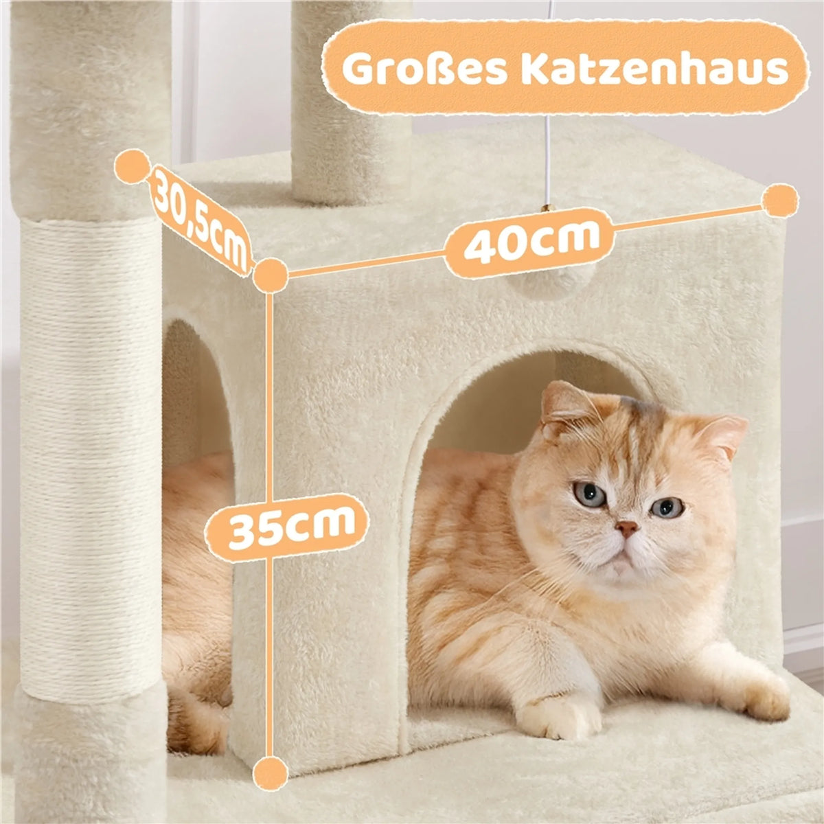Yaheetech Cat Post With 2 Cat Houses - Fitted With Sisal Scratching Post And Scratching Board And Viewing Platform - For Small And Medium Cats - Beige Plush And Particleboard - 60 x 45 x 106 cm