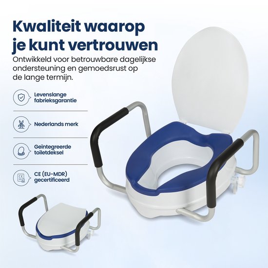 Rehausseur de WC Truesafe 10 cm - Taille universelle - Avec accoudoir et couvercle - Siège de WC surélevé - Coussin d'assise ergonomique - Rehausseur pour adultes et seniors