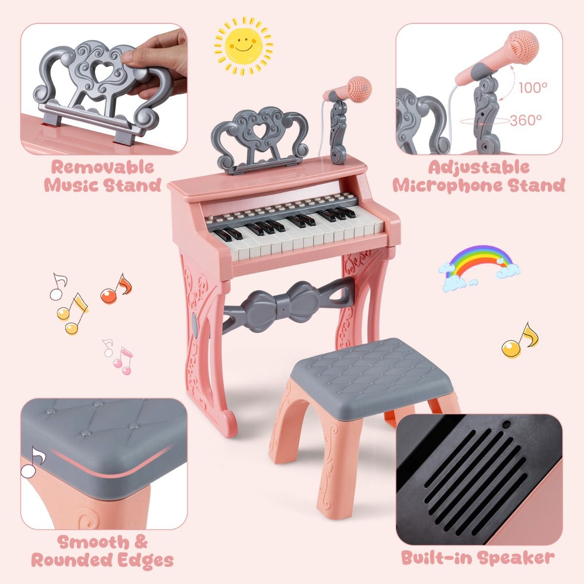 Piano-clavier pour enfants Coast - 25 touches - avec tabouret, pupitre et micro - rose et gris