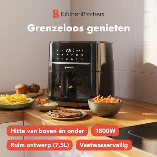 Airfryer XXL - KitchenBrothers - Friteuse - 7.5L - 1800W - Double chauffage - 50ºC à 200ºC - 10 programmes de cuisson - Noir