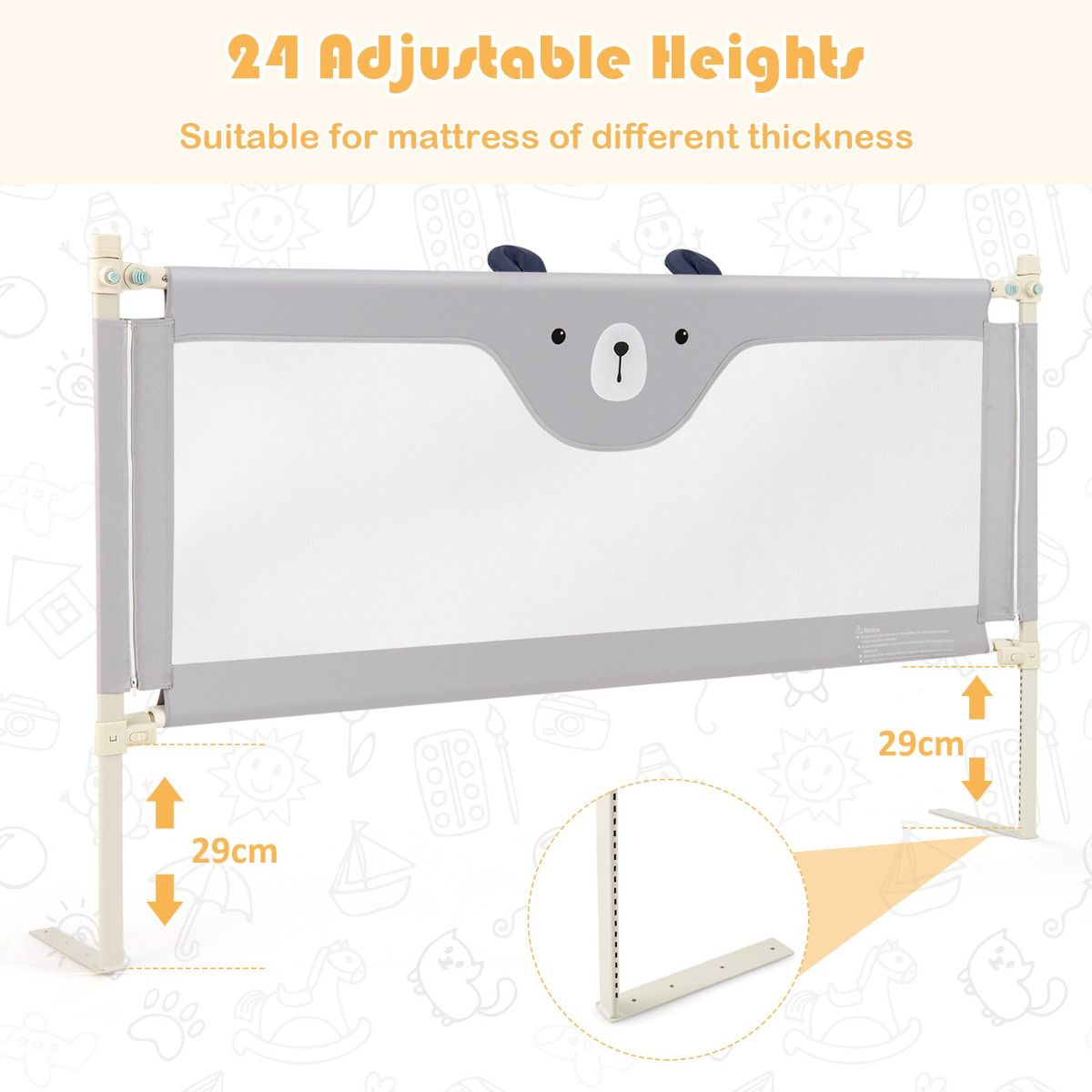 Barrière de lit pour tout-petits Coast - réglable en hauteur - extra-longue - pliable - grise