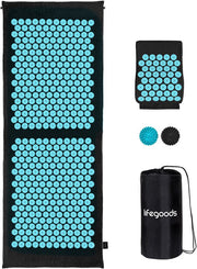 Tapis d'acupression XL LifeGoods - avec coussin - Tapis Shakti - Tapis pour les ongles avec 2 balles pour les points de déclenchement - 128x48x2cm - Noir/Turquoise