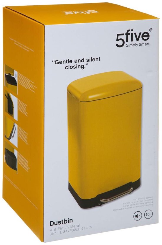 Poubelle/poubelle à pédale 5Five - jaune - métal - 30 litres - 34 x 32 x 61 cm - cuisine