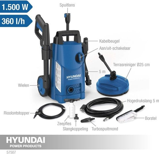 HYUNDAI nettoyeur haute pression 1500W - Ensemble complet de luxe - 360 L/h - Comprend de nombreux accessoires - buses - nettoyeur de terrasse - réservoir de savon