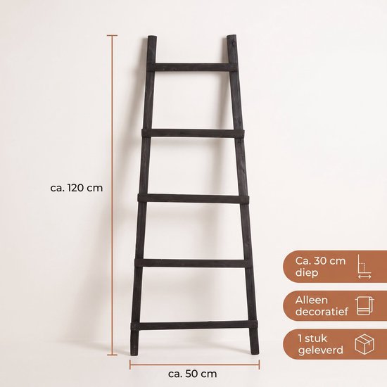 Échelle décorative Cheqo® - Échelle à serviettes - Échelle décorative en bois - Échelle décorative noire - Échelle porte-serviettes - Porte-serviettes en forme d'échelle - Échelle décorative - Échelle de salle de bains - Échelle à vêtements - Échelle déco