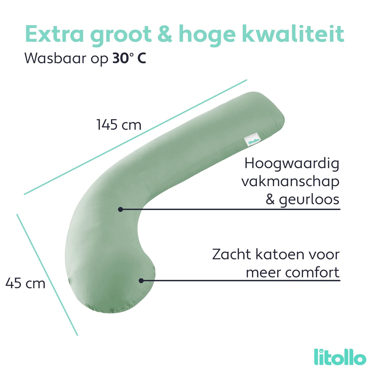 Litollo Zwangerschapskussen J-vorm - Voedingskussen 145 cm - Zijslaapkussen Groen - Lichaamskussen met Afneembare hoes - Borstvoedingskussen - Body Pillow