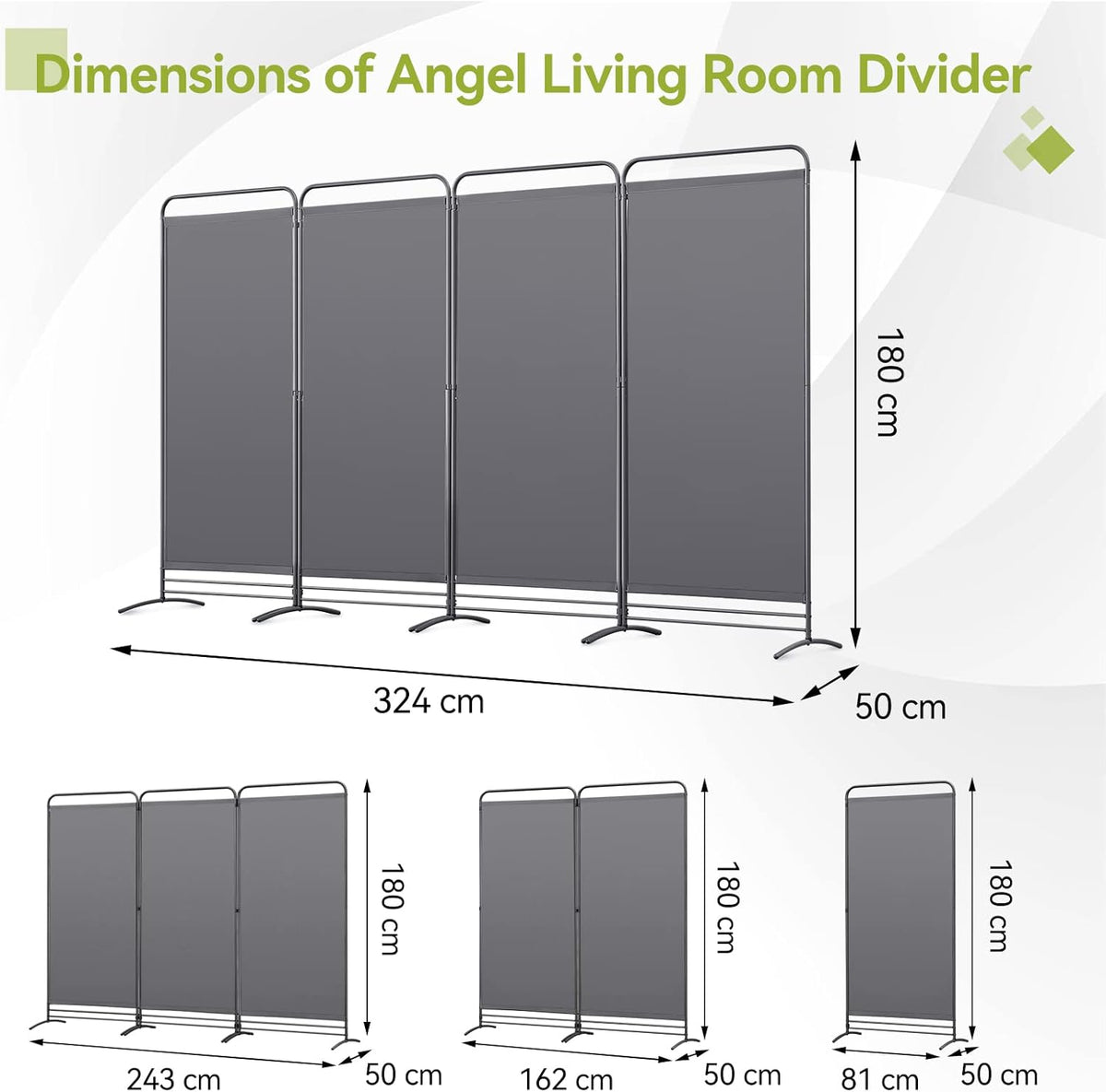 Angel Living Paravent - 4 Panneaux - 324 x 180 cm - Gris