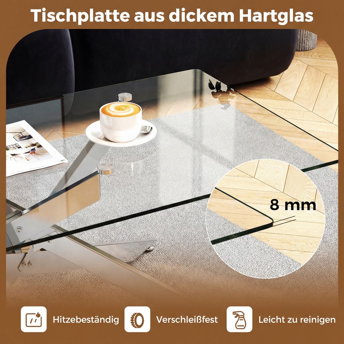 Table basse Coast - verre trempé - design moderne - argent 120 x 60 x 45,5 cm