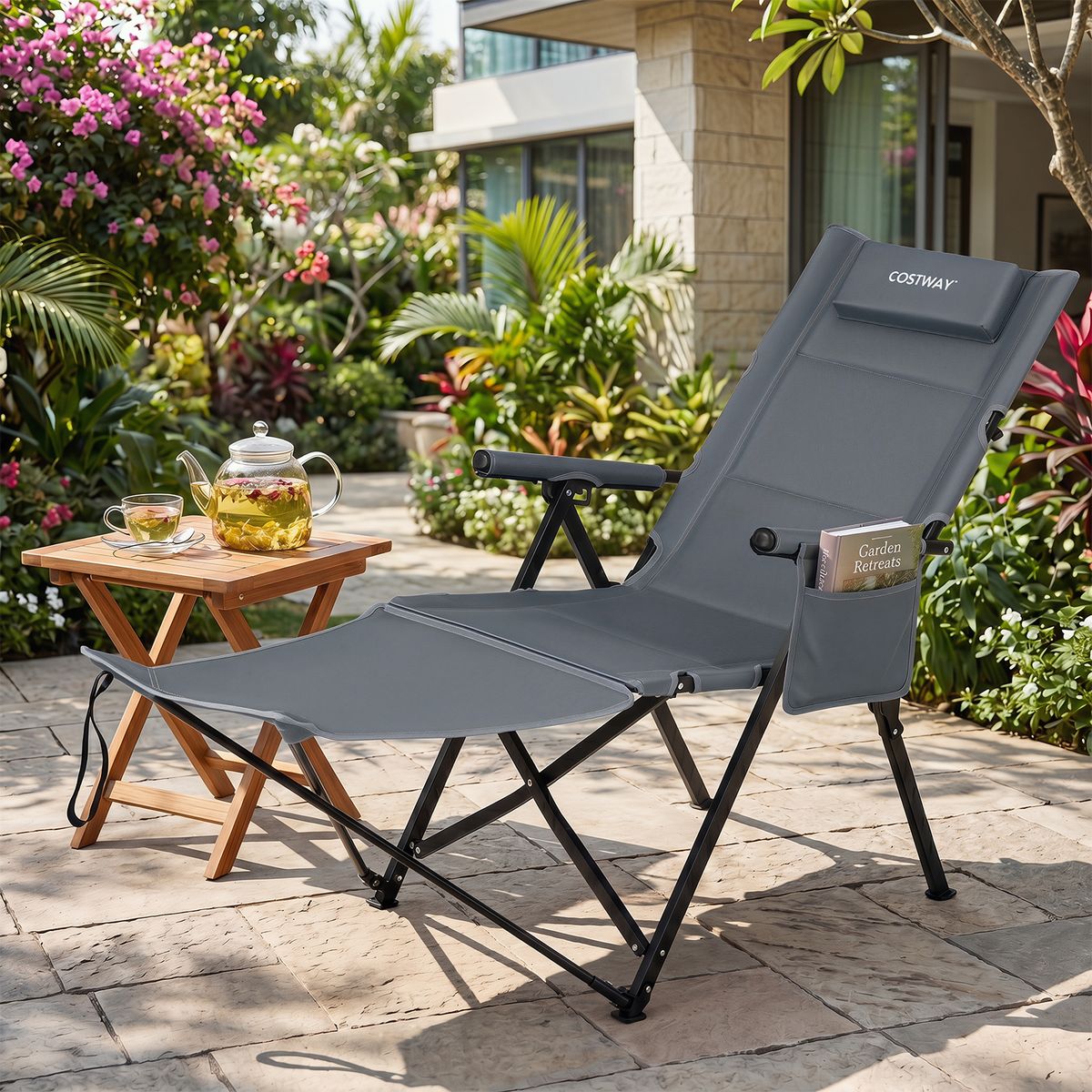 Chaise de camping pliable Coast avec repose-pieds - Dossier réglable sur 4 positions - Poche latérale et coussin - gris