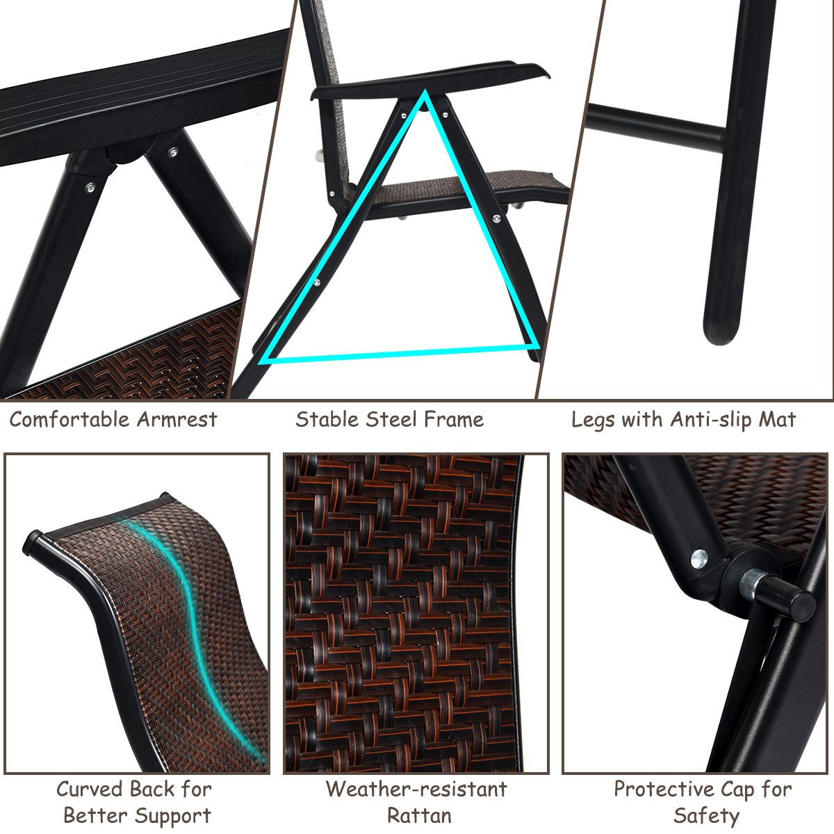 Lot de 2 chaises pliantes Coast Rotan - Dossier réglable - Pliables et faciles à transporter - Marron