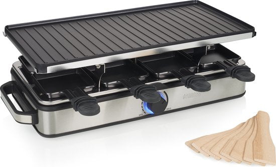Ensemble Princess Gourmet 162645 - Raclette pour 8 personnes - Thermostat réglable - 1 400 W - Cordon d'alimentation de 2 mètres - Plaque de cuisson réversible - 8 poêlons - Acier inoxydable